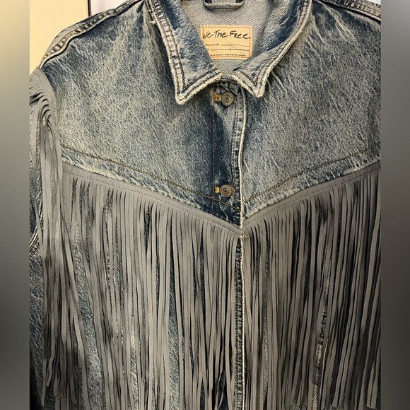 Free People We the Free after hours Fringe Denim Tucker Jacket Large - Picture 6 of 9